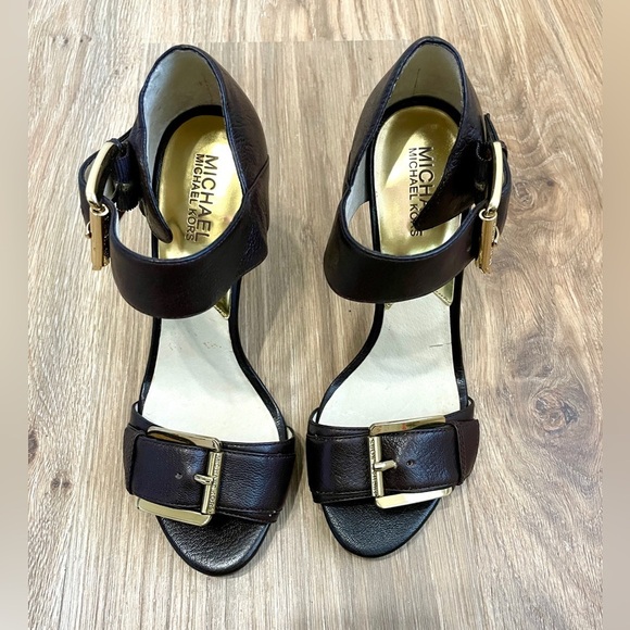 Michael Kors Faith Brown Leather Ankle Strap Dress Sandals Shoes 7.5 EUC - Picture 1 of 5